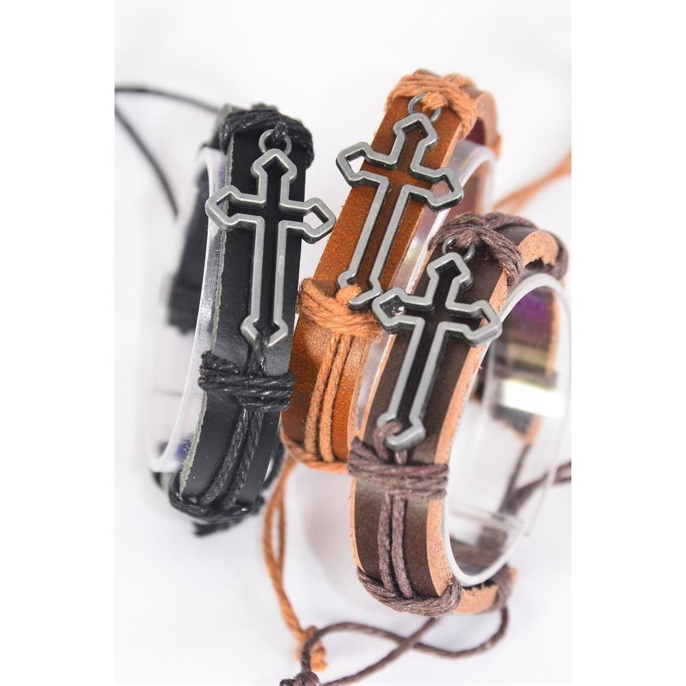 Real Leather Band Silver Sideways Open Cross Bracelet