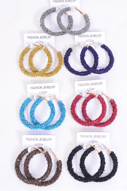 Dark Color Bead 2" Hoop Earrings 25576