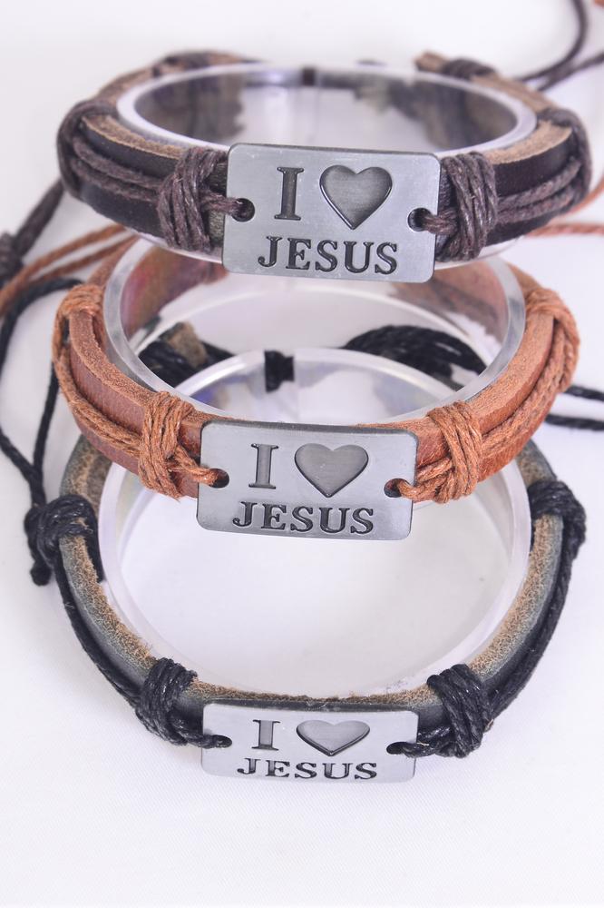 Real Leather Band I Love Jesus Silver Bracelet 27338