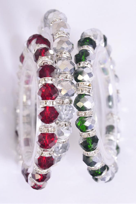 Iridescent Christmas Holiday 2 tone 10 mm Glass Crystal Rhinestone Bezel Stretch Bracelets 25069