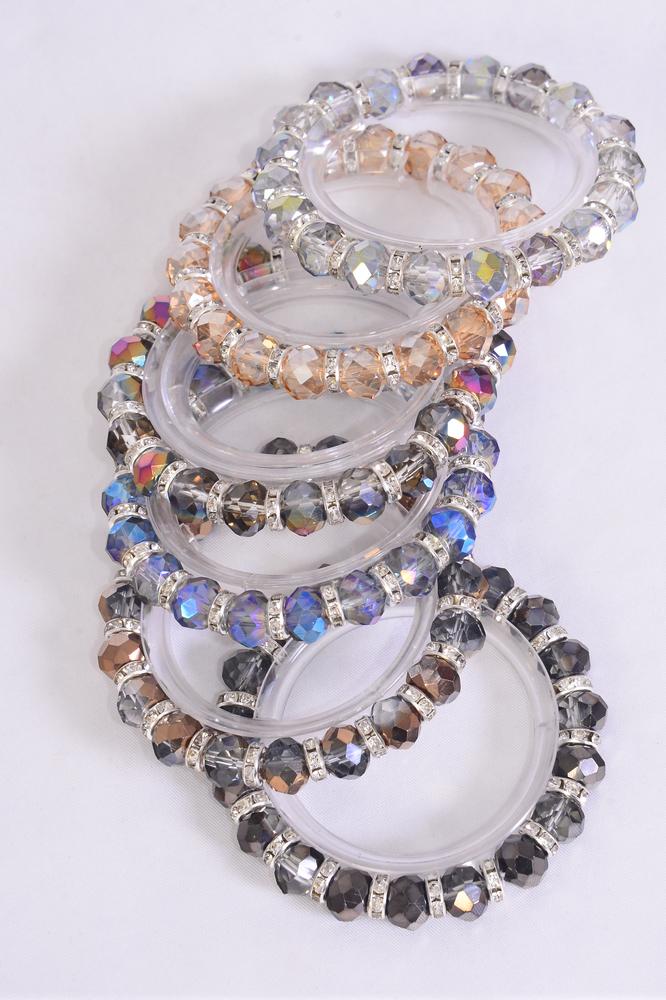 Set of 6 Iridescent 10 mm 2 tone Glass Crystal Rhinestone Bezel Stretch Bracelets 27662