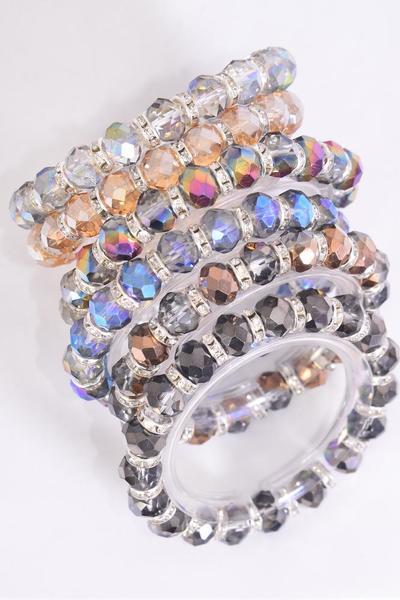 Set of 6 Iridescent 10 mm 2 tone Glass Crystal Rhinestone Bezel Stretch Bracelets 27662