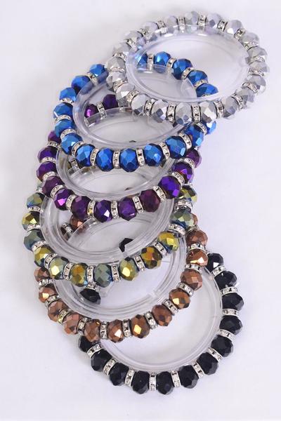 Set of 6 Iridescent 10 mm Glass Crystal Stretch Dark Multi Iridescent Bracelets