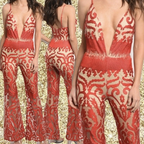 Ladies Red Nude Deep V-Neck Glam Jumpsuit