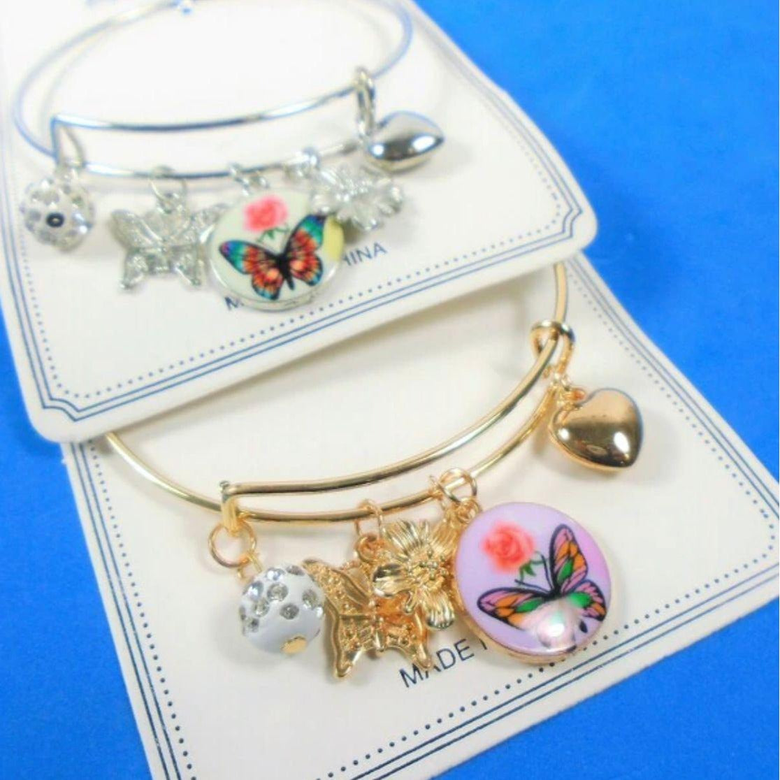 Gold & Silver Wire Bangle Bracelet w/ Mixed Butterfly Heart Charm & Fireball Bead