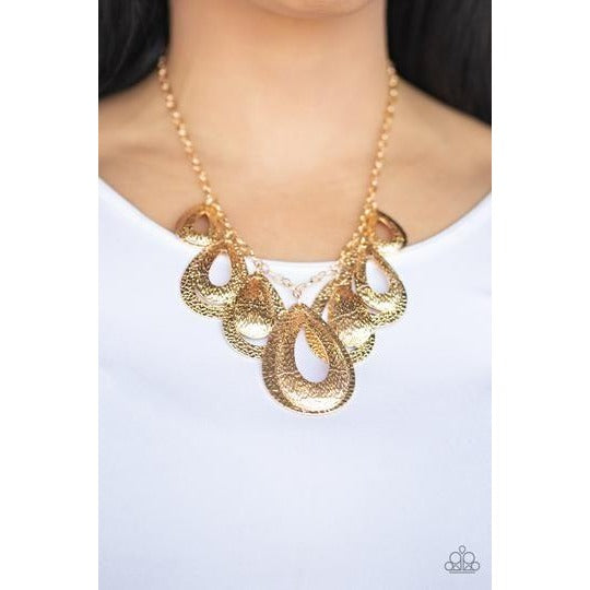 Teardrop Tempest - Gold - Hammered Textured Teardrops - Necklace