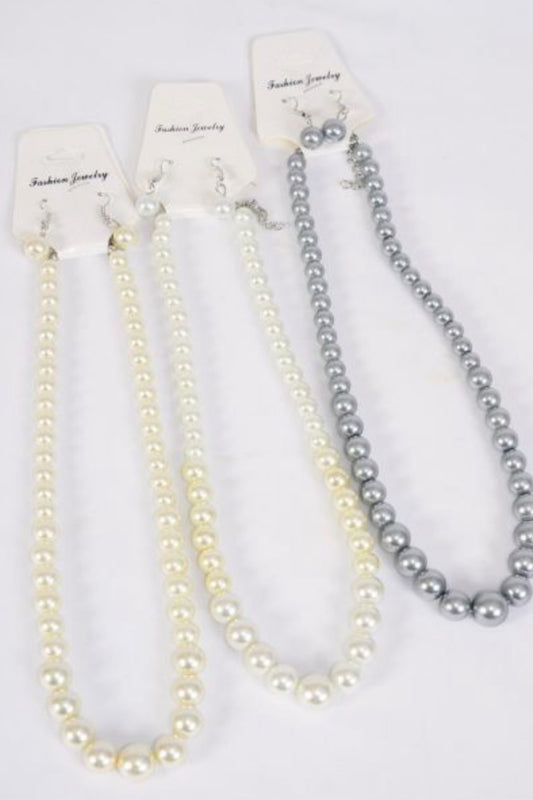 Graduate From 8 to 14 mm Glass Pearls White Cream Gray Necklace Set 70196