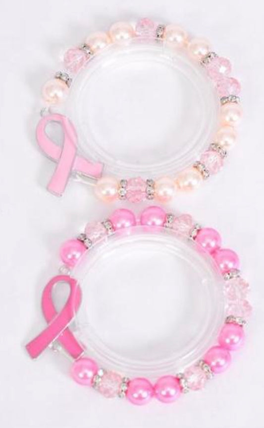Glass Pearl 12 mm Pink Ribbon Rhinestone Bezel Bracelet 25817