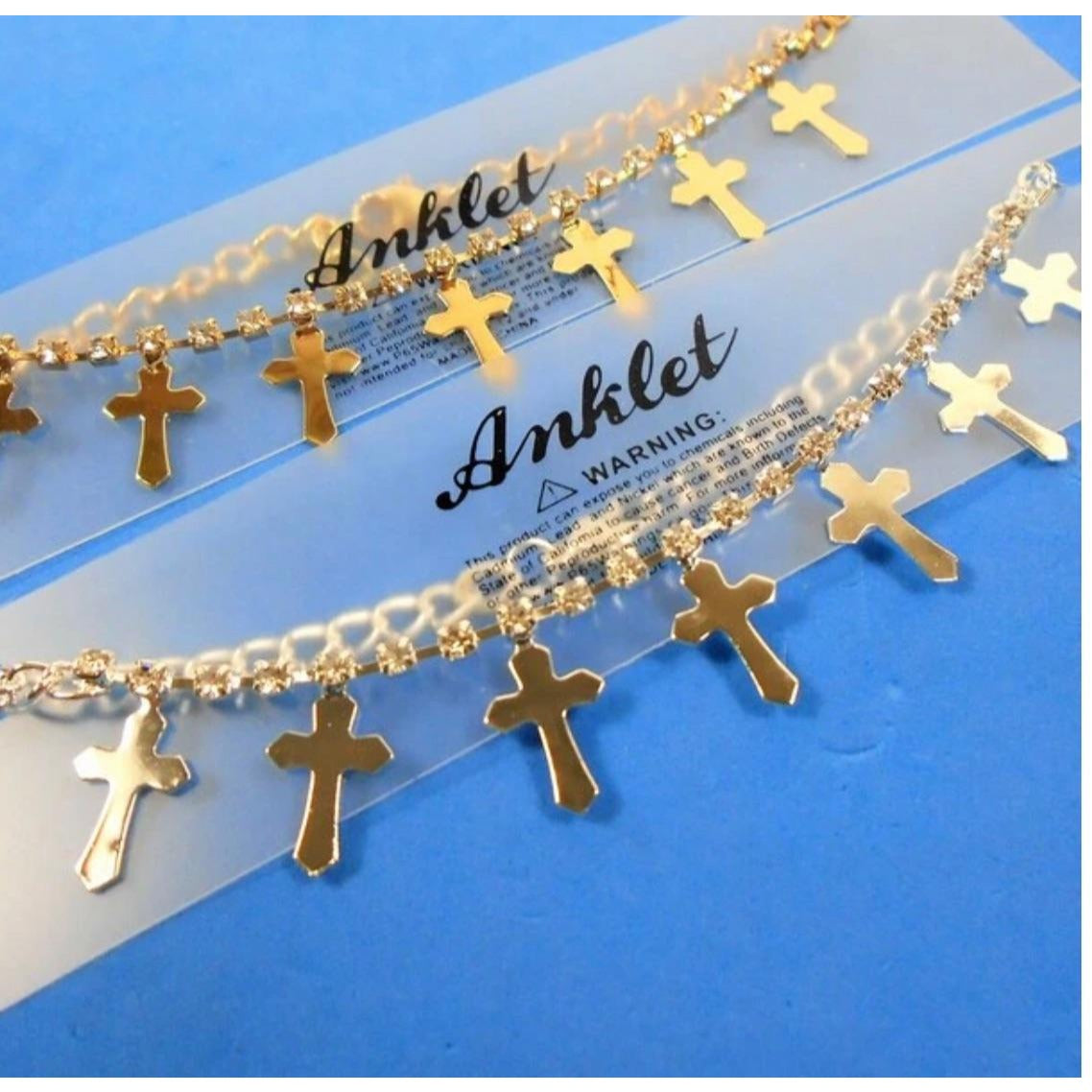 Gold or Silver Chain & Rhinestone Anklets w/ Dangle Crosses 2087