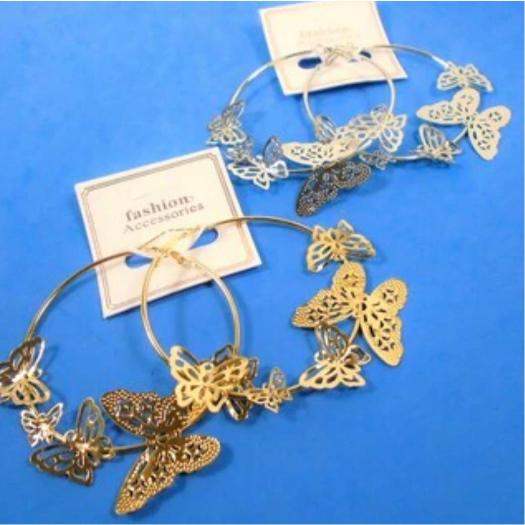 Gold & Silver 2.5" Hoop Earrings w/ Butterflies 902