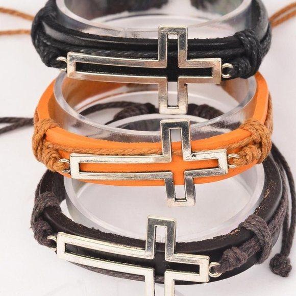 Unisex Leather Adjustable Drawstring Cross Bracelet 27043