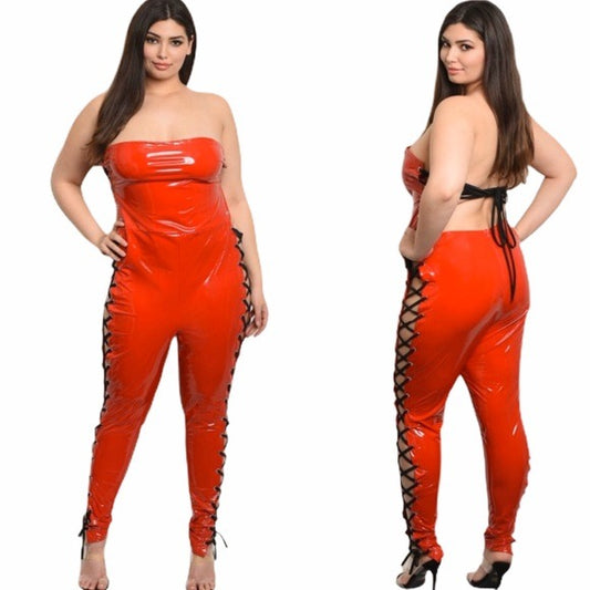 Plus Size Latex Lace Up Corset Jumpsuit 1X 2X 3X