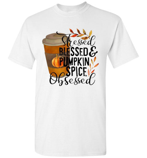 Stresses Blessed and Pumpkin Spice Obsessed Graphic Fall Tee Shirt Top