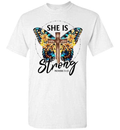 She Is Strong Butterfly Cross Christian Tee Shirt Top T-Shirt