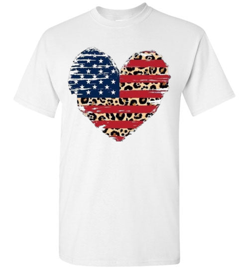 Leopard Heart American Flag Tee Shirt Graphic Top
