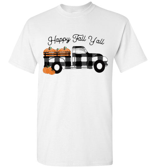 Happy Fall Yall Buffalo Check Truck Graphic Tee Shirt Top