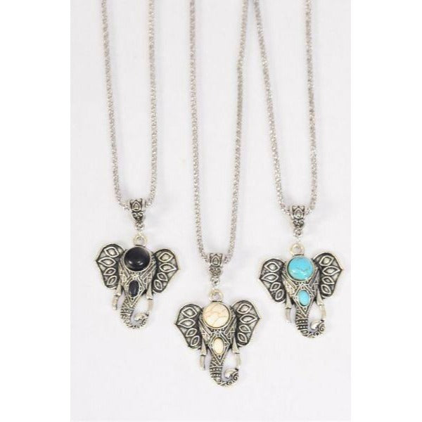 Elephant Head Pendant Semiprecious Stone Necklace 871