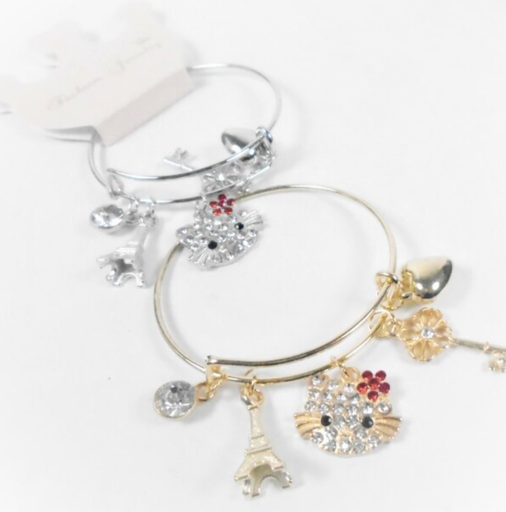 Kid's Gold & Silver Wire Bangles w/ Cat Theme Charms 27666