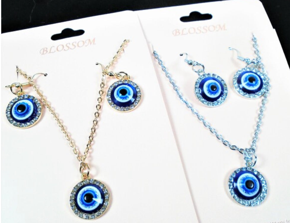 Gold & Silver Chain Neck Set w/ Crystal Stone Evil Eye of Protection 27736