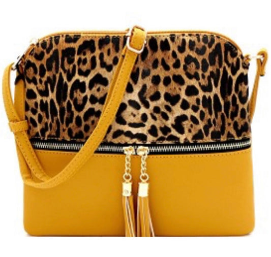 Mustard Leopard Print Front Pocket Cross Body Brown Bag