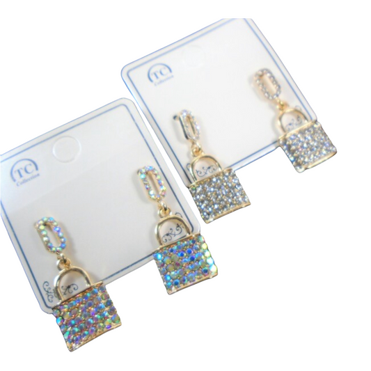 Elegant Gold LOCK Crystal Stone Iridescent Or Clear Earrings 27748
