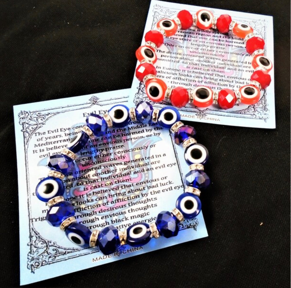 Red / Blue Crystal Stone & Evil Eye of Protection Bead Stretch Bracelets w/ Story Cards 27732