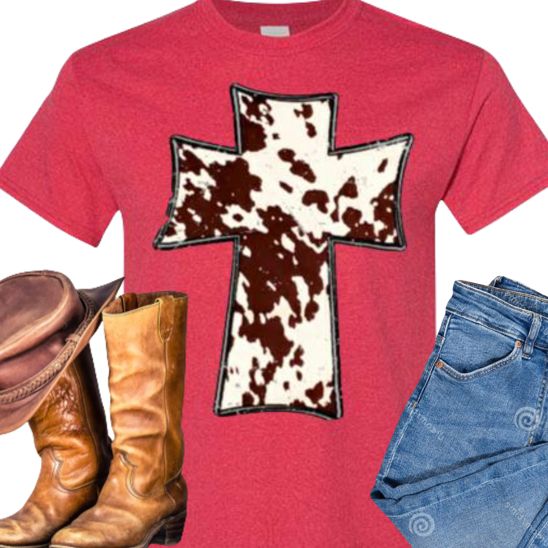Cross Cow Print Christian Country Tee Shirt Top