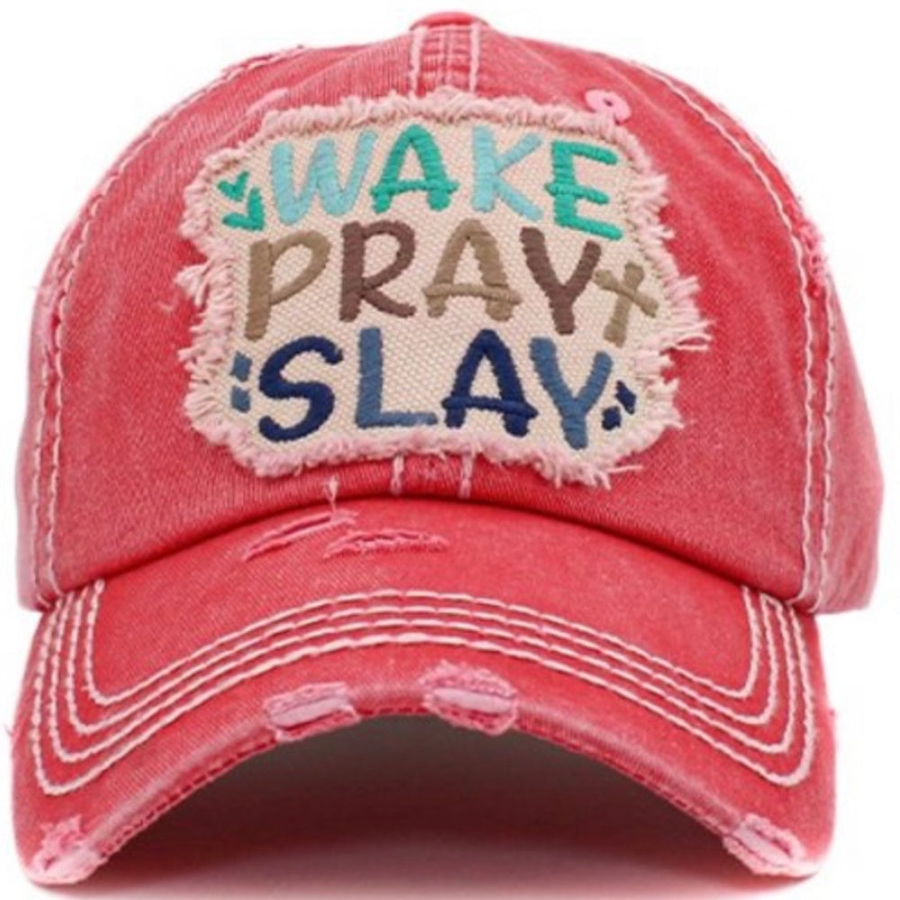 1442 Pink Wake Pray Slay Distressed Hat Cap
