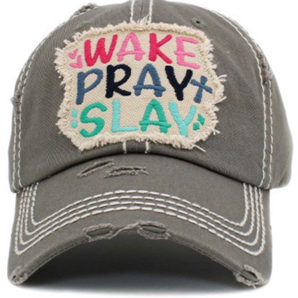 1442 Wake Pray Slay Distressed Hat Cap