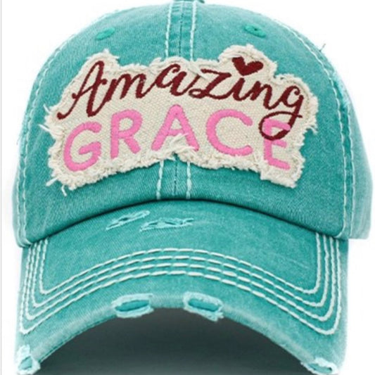 1403 Turquoise Blue Amazing Grace Distressed Hat Cap