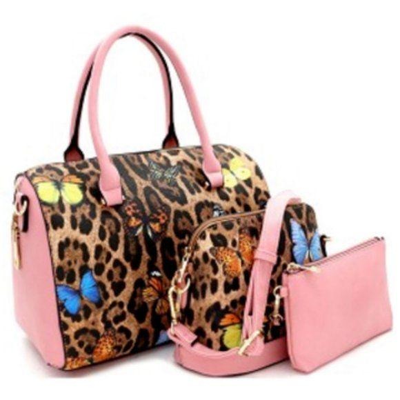 Pink Butterfly Leopard Print 3 in 1 Boston Satchel Bags