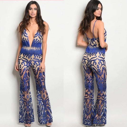 Royal Blue Nude Glam Deep V Neck Plunge Jumpsuit