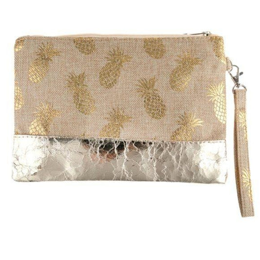 LIGHT BROWN PINEAPPLE METALLIC PRINT WRISTLET BAG